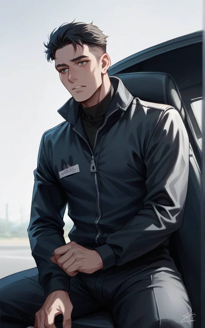 wearing a black suit