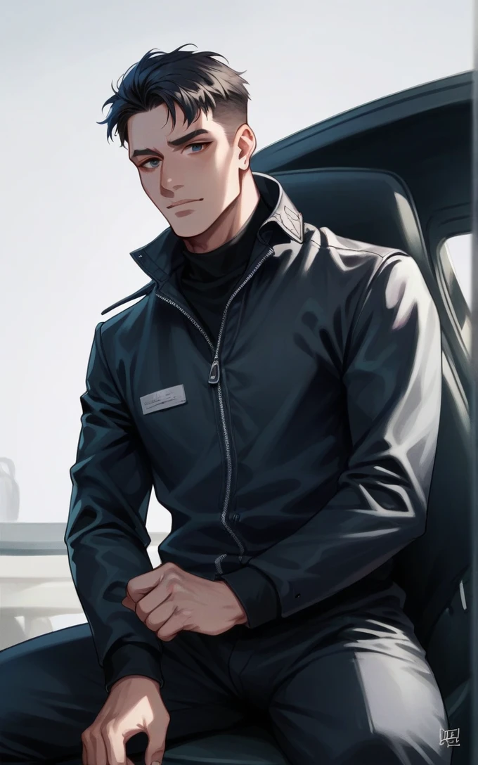 wearing a black suit