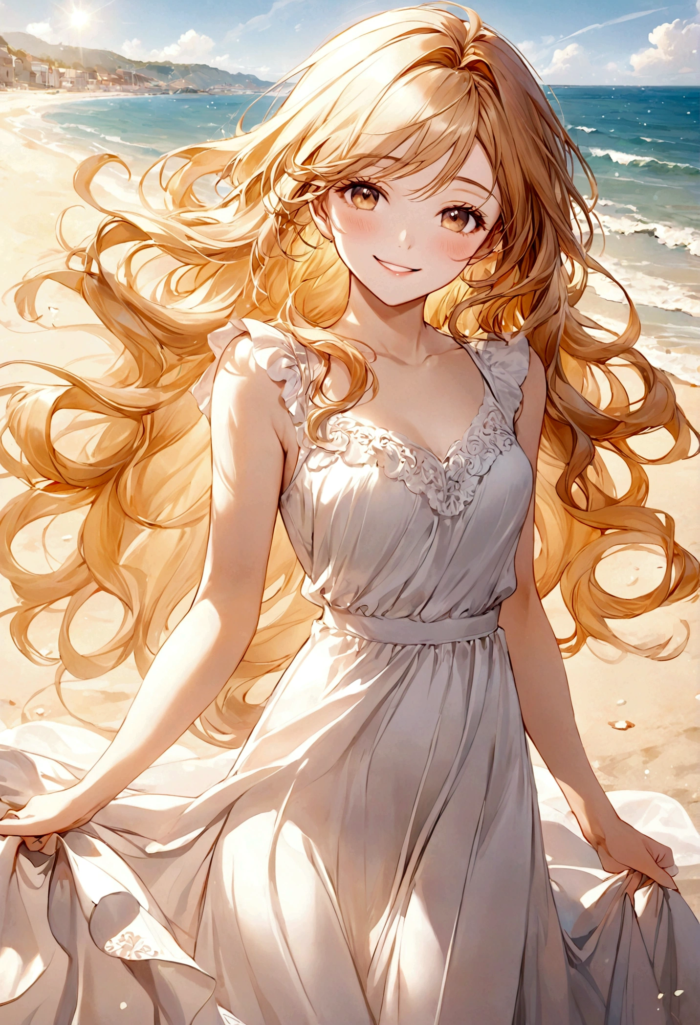 masterpiece,Ultra Detailed,Beautiful lady, Light long hair,Long wavy hair, beach,sunny,elegant smile, sweet smile, Relaxed expression, Fair skin