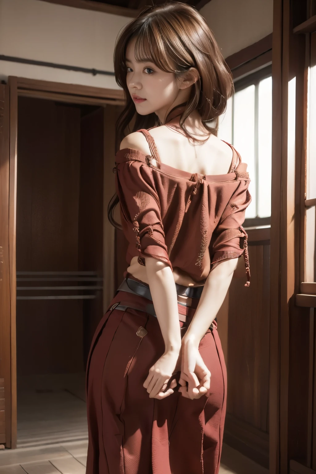 highest quality, figure, Super detailed, In detail, High resolution, 8k wallpaper, Perfect dynamic composition,、A woman who was and held captive、Tied up with rope and standing in a room、(((Both hands are tied behind the back with a rope)))、(((Wearing a short-sleeved blouse、Wearing a pleated skirt)))、Uniform eyeedium build、Well-proportioned、Small face、Small breasts、Back view、Show your whole body、The audience watches from directly behind、