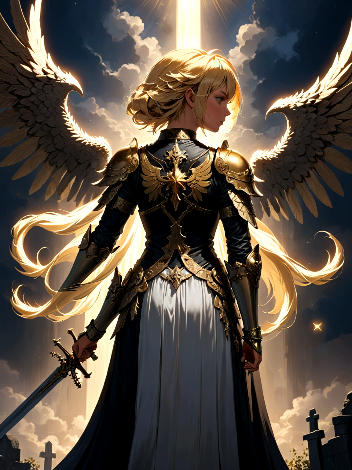 a model shot (taken from the back: 1.5), 16K, ultra detailed, masterpiece, best quality, (extremely detailed), arafed, dnd art, portrait, full body, aasimar, female, (Masterpiece 1.3, intense details), female, paladin, holy warrior, spread large feathered wings, (wings growing from the back: 1.3), majestic wings, white angelic wings spread (Masterpiece, intense details: 1.5), moon light, moon, stars, clouds, holy symbol, armed with sword, short blond hair, dark fantasy cemetery background, anatomically correct (Masterpiece 1.3, intense details), angel_wings, determined face, god rays, cinematic lighting, glowing light, silhouette, from outside, photorealism, panoramic view (Masterpiece 1.3, intense details) , Wide-Angle, Ultra-Wide Angle, 16k, highres, best quality, high details, armored dress, AngelStyle,
