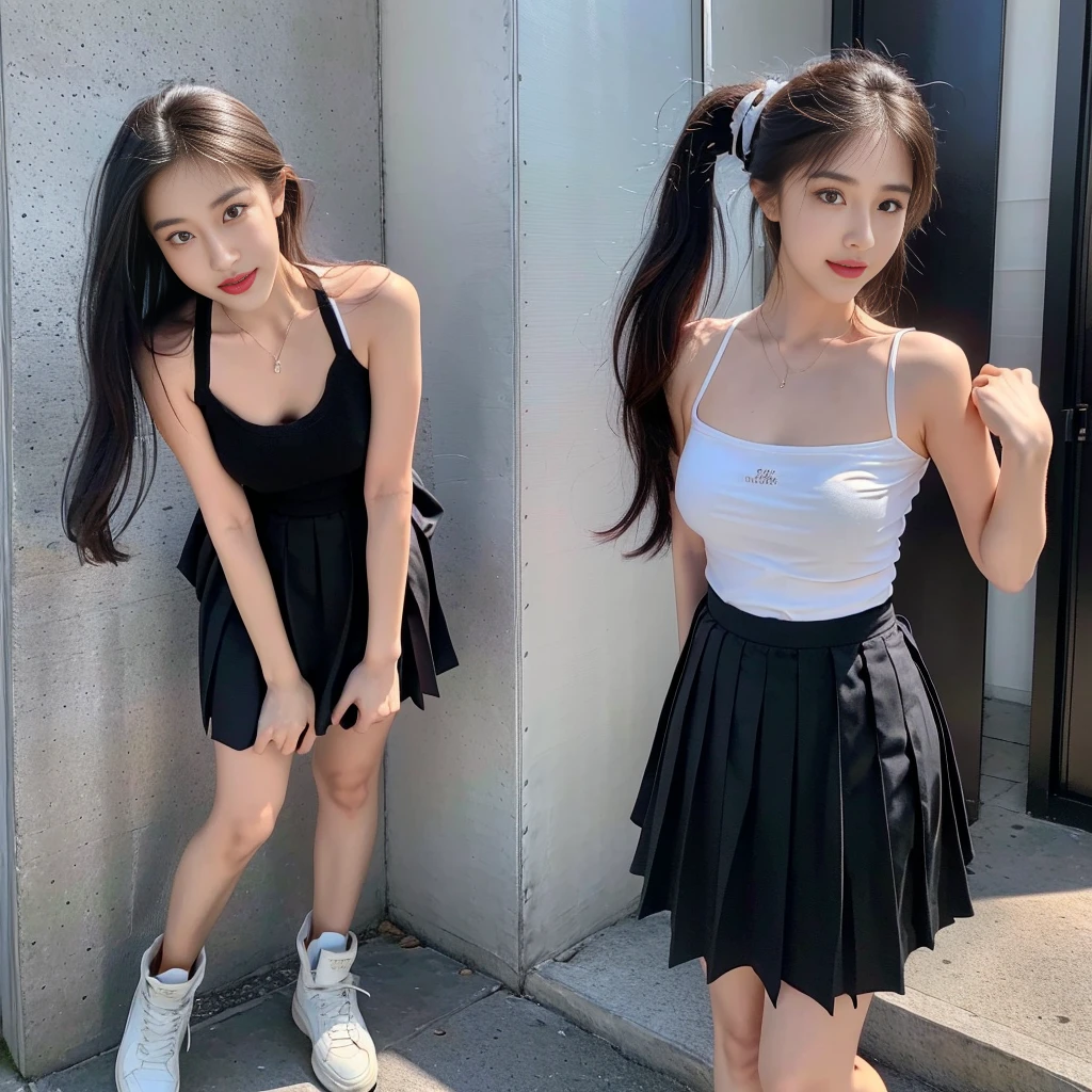 (white strapless DRESS), (Breasts tilting towards the upper chest :1.5), (Oversized T-shirt with excess fabric when tucked into a skirt), (Skirt full thigh), (knee-length outfit), (hair curled on both sides), (center shoes shot), ((full-body standing image)), (cover knee), (white t shirt), (Scottish pleated skirt), (bare shoulders), (bare arms), twinsies、The ultra-detailliert, (white t shirt), (cotton spaghetti-strap top), (cotton spaghetti-strap top), (cotton spaghetti-strap top), (cotton spaghetti-strap top), (long skirt), (A hem full flared skirt), (Hem full flared dress), (a girl pretty girl with perfect figure), (a photo of the night sky), (32K,1 20-year-old girl, The light from the rear room is backlit, Ray traching), (full body), (two-parted hair), (very thick hair), (Slender chest), (short upper chest), (pectoral muscles are large), (upper breasts are firm and round), (stand upright), (two shoe ends), (two shoe toes) ,(put on blush), (apply powder), (makeup), (standing), (asian girl princess), (Black non-reflective fabric for making skirt), (dark skirt), (thick thighs), (large calves), (large knees), (one-piece skirt), (seamless skirt), (long shins) , (big shins), (A hem full flared skirt), (Hem full flared dress), (A hem full flared skirt), (thighs meets knee), (black skirt), (black skirt), (black skirt), (black skirt), (knee gap), (knee gap), (knee gap), (Expose cleavage :1.3), (Scottish pleated midi skirt) (Super fine face and eyes), (Highly detailed face and skin texture, Detailed eyes, Double eyelid), (stading shot), (stading shot), , (Scottish pleated midi skirt), (Scottish pleated midi skirt), (knee-length outfit), (knee-length outfit), (knee-length outfit), (knee-length outfit), (Skirt full thigh), (Skirt full thigh), , (white sneakers), (a pair of white leather boots, highly detailed boots), (Breasts curving upwards), (Breasts pointing upwards)
