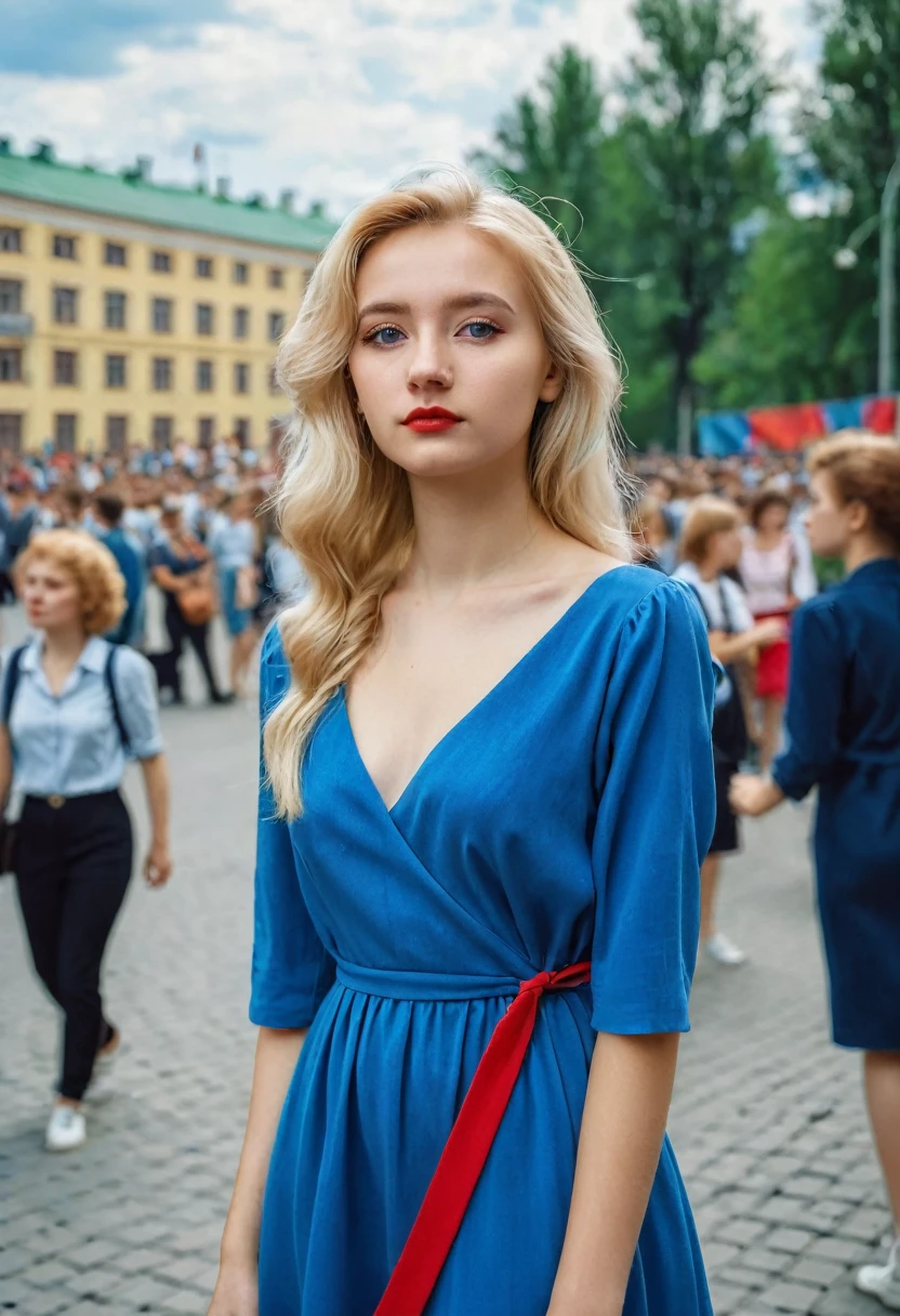 Photo of a beautiful girl 20 years old, university student in the USSR, blonde. long, Closed, Blue dress. Photo taken in the city, From afar, to the streets, against the background of the crowd. There is a red hairpin in the girl's hair. The girl does not look into the frame
