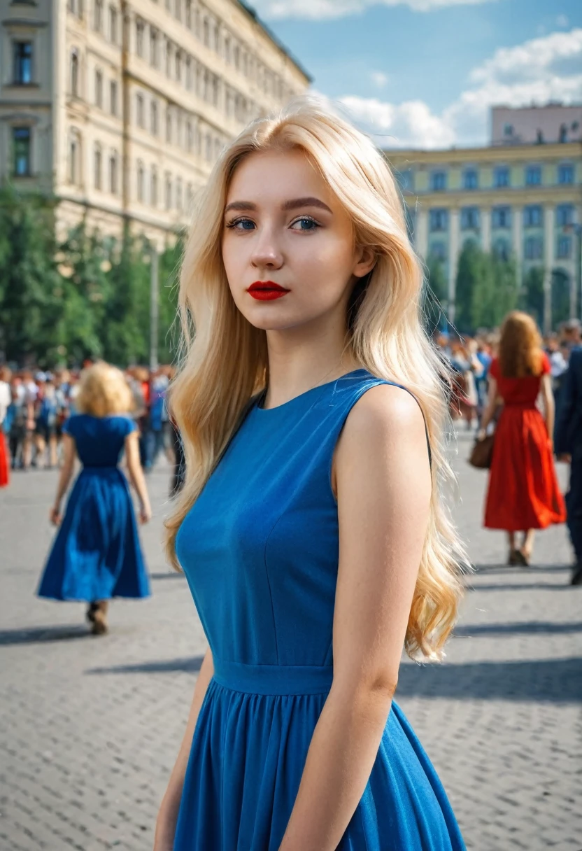 Photo of a beautiful girl 20 years old, university student in the USSR, blonde. long, Closed, Blue dress. Photo taken in the city, From afar, to the streets, against the background of the crowd. There is a red hairpin in the girl's hair. The girl does not look into the frame
