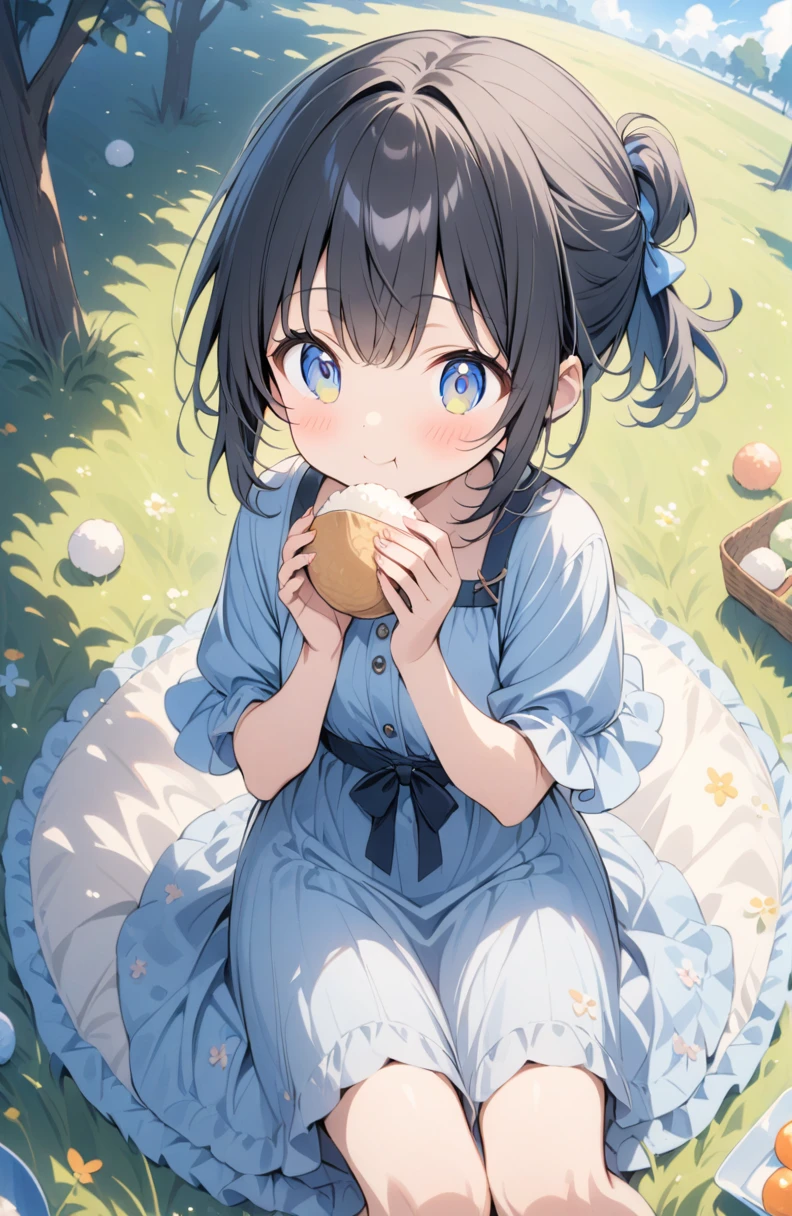 (masterpiece:1.2),(anime),A girl eating rice ball、picnic、Blue sky and grassland、sitting on a picnic sheet、cute、Black Hair、Short Ponytail、A girl eating rice ball、picnic、Blue sky and grassland、cute、Black Hair、Bobcut、Eat deliciously