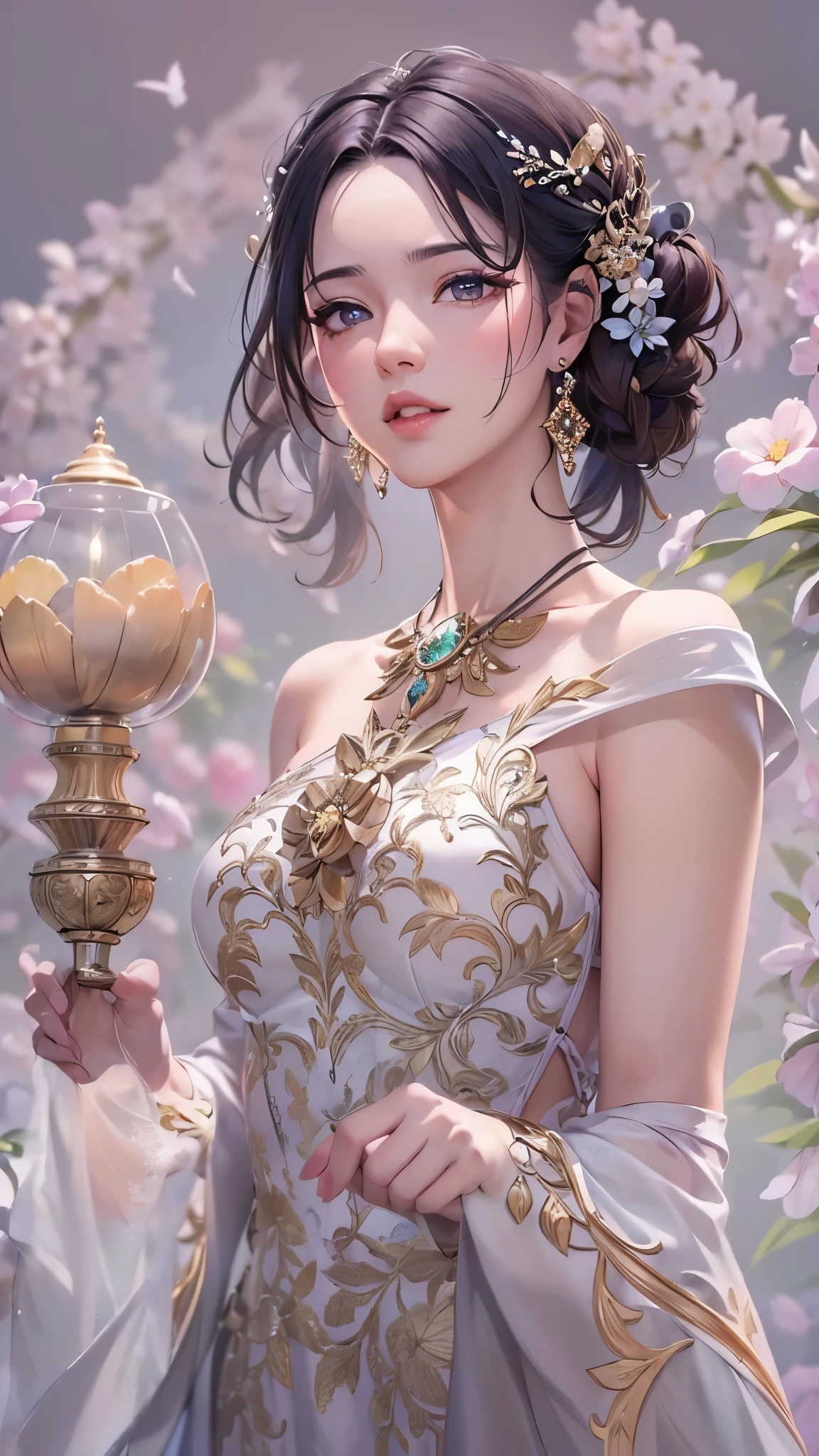 ((highest quality)),(Ultra-high resolution),(Very detailed),(Detailed Description),((The best CG)),(A masterpiece),Ultra-detailed art,Amazing drawing art,(Art with precise details:1.5), (Woman wearing a one-shoulder dress:1.6),Scattered gems:1.4,