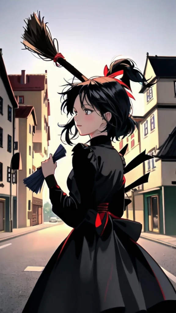 Ghibli-style animation. The Witch's Delivery Service. In the streets of Sweden. A girl. A black dress. Black hair. Short cut. A big red ribbon on her head. A broom in her hand. High quality. 4K quality