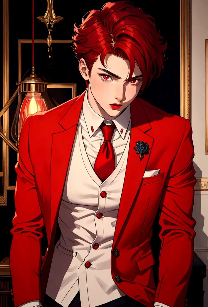 Portrait of a young European man,alone, Live in a large city,18 years old,Beautiful face,upper body,medium light red hair, Sharp focus,red business suit, red eyes,light red lips,dark,shadow