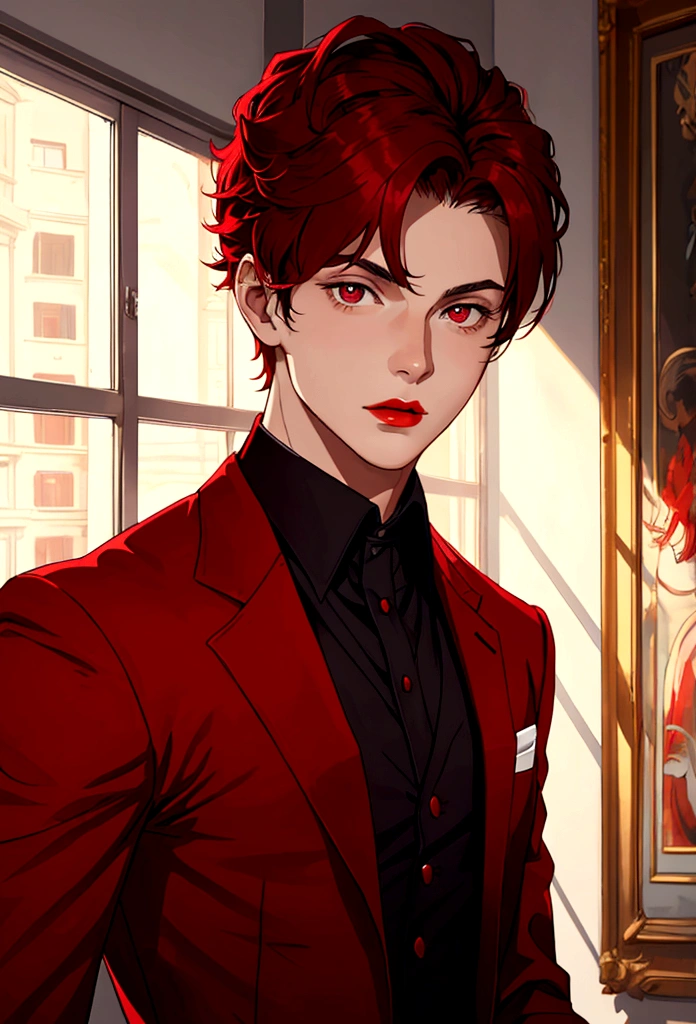 Portrait of a young European man,alone, Live in a large city,18 years old,Beautiful face,upper body,medium light red hair, Sharp focus,red business suit, red eyes,light red lips,dark,shadow