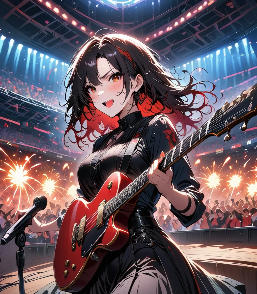 (Best quality,4K,8K,a high resolution,masterpiece:1.2),Super detailed,(valid,photovalid,photo-valid:1.37),Rockstar, Gothic rock, Female rock band "Besheniki", 3 adorable goth girls, gothic outfits (black and red colors ,Spacewalk,hysterical singing,Stage lighting,rebellious,glitch art,bright colors,energetic performance,Electric Atmosphere,Loud music,screaming fans,Huge speakers,Fiery explosion,dynamic poses,Smoke and fog effects,expressive face,rotating lights,Flash,dark background,Edgy style,wild hair,microphone stand,гитар sound distortion,Rock music,Celebrity,Electro guitar solo,huge concert stage,stand on stage,indulgent,Emotional intensity,Loud and heavy drumming,electric energy,Stage fireworks,Powerful vocal performance,The stadium is filled to capacity,thousands of fans,Roaring Crowd,Flash,Electric Atmosphere,sweaty and energetic performance,legendary figures,Acting,standing ovation