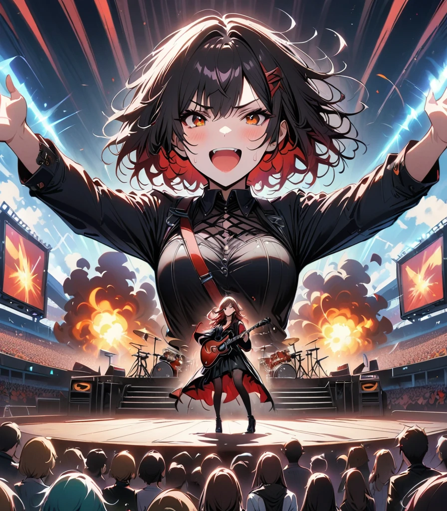 (Best quality,4K,8K,a high resolution,masterpiece:1.2),Super detailed,(valid,photovalid,photo-valid:1.37),Rockstar, Gothic rock, Female rock band "Besheniki", 3 adorable goth girls, gothic outfits (black and red colors ,Spacewalk,hysterical singing,Stage lighting,rebellious,glitch art,bright colors,energetic performance,Electric Atmosphere,Loud music,screaming fans,Huge speakers,Fiery explosion,dynamic poses,Smoke and fog effects,expressive face,rotating lights,Flash,dark background,Edgy style,wild hair,microphone stand,гитар sound distortion,Rock music,Celebrity,Electro guitar solo,huge concert stage,stand on stage,indulgent,Emotional intensity,Loud and heavy drumming,electric energy,Stage fireworks,Powerful vocal performance,The stadium is filled to capacity,thousands of fans,Roaring Crowd,Flash,Electric Atmosphere,sweaty and energetic performance,legendary figures,Acting,standing ovation