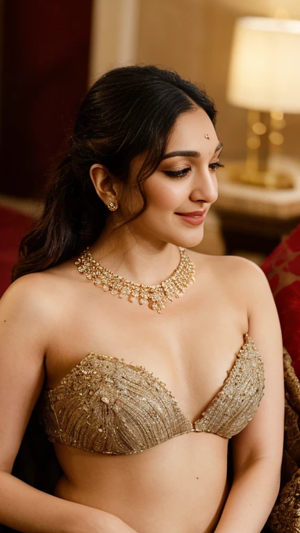 photo of naked Kiara Advani , hourglass figure, swooping breasts, deep cleavage, curvy, erotic standing having sex with big tulips with wide open spread legs, sexy armpits, nipples seductive eyes, sultry, look at viewer and subtle smile, red lips, ponytail, necklace, 4K, HD is adorned in an exquisite, sensual lehenga choli, intricately embellished with shimmering threads and delicate embroidery. She reclines gracefully on a sumptuous bed, surrounded by opulent pillows and draped in luxurious fabrics that complement the richness of her attire. Soft, ambient lighting casts a warm glow, highlighting her radiant beauty as she awaits her husband on their first night together. Her eyes are filled with a blend of anticipation, love, and a touch of nervous excitement, capturing the tender and intimate moment before their union. The room exudes an air of romance and anticipation, with every detail contributing to the enchanting atmosphere of their special evening.