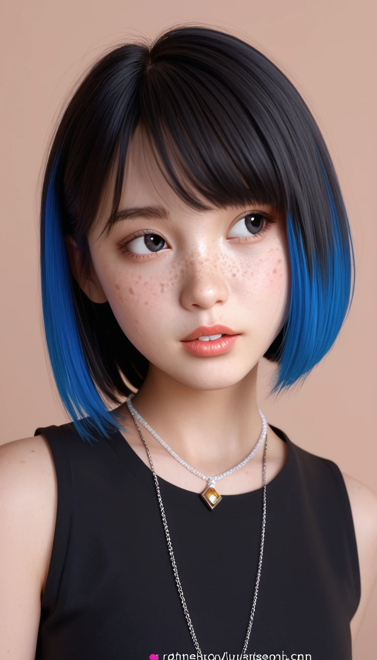 masterpiece, best quality,3D Rendering Work ,3DMM style,close up,portrait, 3D,1 Girl, Solitary, Colorful hair, Blue Hair, Black Hair, necklace, freckle, Jewelry, Two-tone hair, looking off to the side, Practical, Upper Body, Simple background, Bangs, Look away, short hair, parted Lips, black eyes, Lips, Goethe, Necklace, cosmetic, mole, black shirt, shirt, Watermark