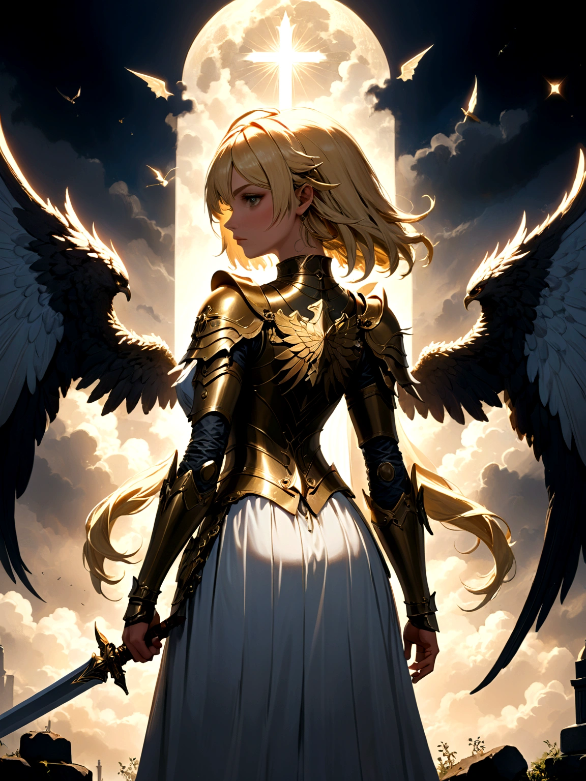 a model shot (taken from the back: 1.5), 16K, ultra detailed, masterpiece, best quality, (extremely detailed), arafed, dnd art, portrait, full body, aasimar, female, (Masterpiece 1.3, intense details), female, paladin, holy warrior, spread large feathered wings, (wings growing from the back: 1.3), majestic wings, white angelic wings spread (Masterpiece, intense details: 1.5), moon light, moon, stars, clouds, holy symbol, armed with sword, short blond hair, dark fantasy cemetery background, anatomically correct (Masterpiece 1.3, intense details), angel_wings, determined face, god rays, cinematic lighting, glowing light, silhouette, from outside, photorealism, panoramic view (Masterpiece 1.3, intense details) , Wide-Angle, Ultra-Wide Angle, 16k, highres, best quality, high details, armored dress, AngelStyle, Cinematic Hollywood Film style
