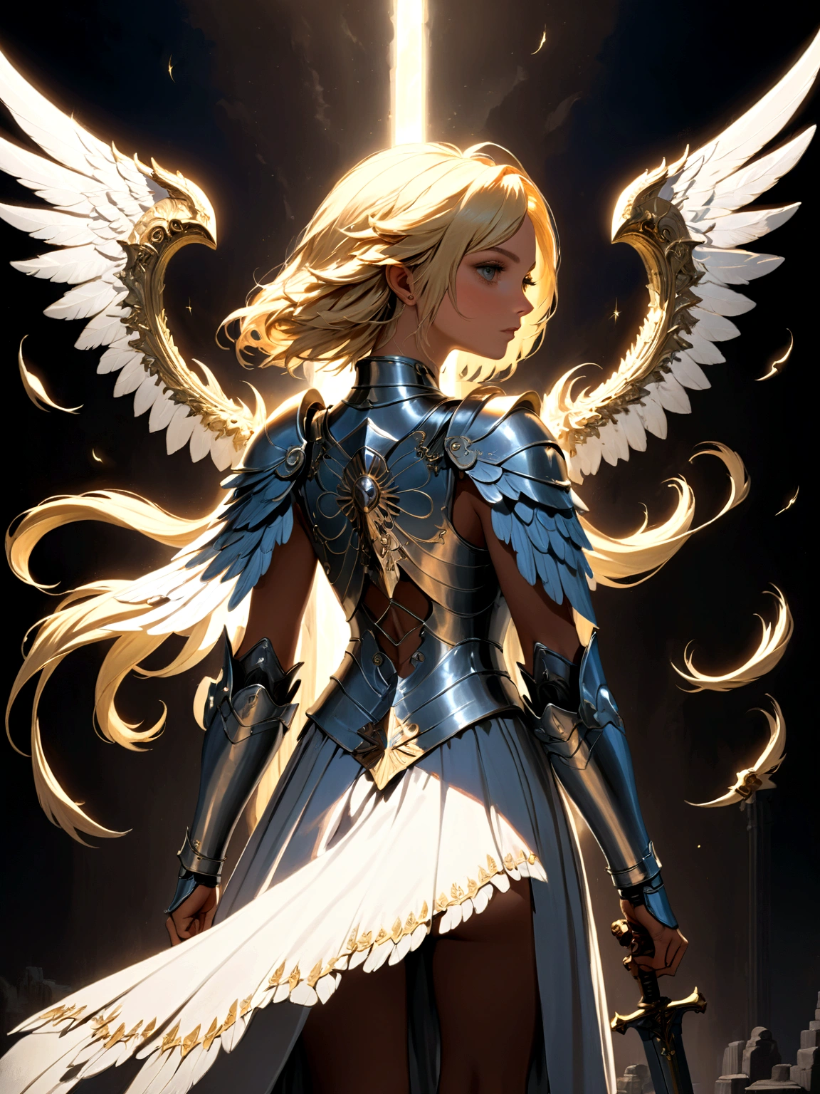 a model shot (taken from the back: 1.5), 16K, ultra detailed, masterpiece, best quality, (extremely detailed), arafed, dnd art, portrait, full body, aasimar, female, (Masterpiece 1.3, intense details), female, paladin, holy warrior, spread large feathered wings, (wings growing from the back: 1.3), majestic wings, white angelic wings spread (Masterpiece, intense details: 1.5), moon light, moon, stars, clouds, holy symbol, armed with sword, short blond hair, dark fantasy cemetery background, anatomically correct (Masterpiece 1.3, intense details), angel_wings, determined face, god rays, cinematic lighting, glowing light, silhouette, from outside, photorealism, panoramic view (Masterpiece 1.3, intense details) , Wide-Angle, Ultra-Wide Angle, 16k, highres, best quality, high details, armored dress, AngelStyle, Cinematic Hollywood Film style
