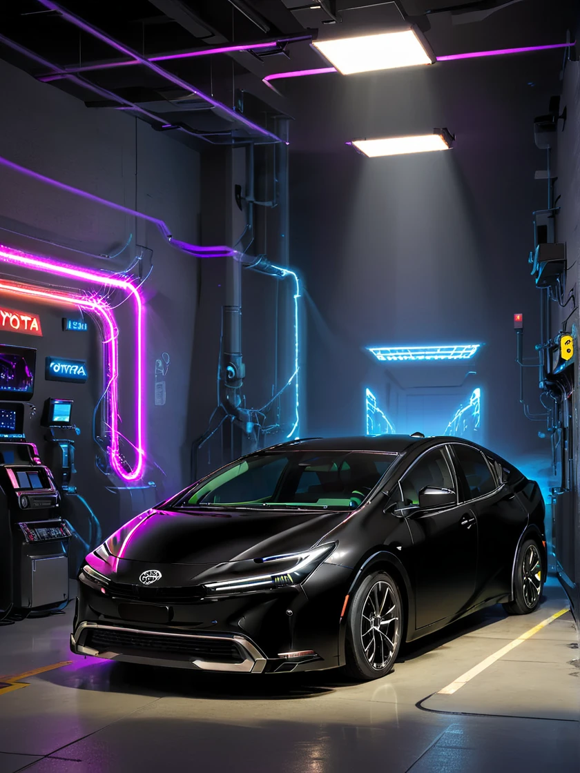 tprius, black car, A modified Toyota Prius with silver wheels, neon underglow, futuristic environment, light beams, headlight, in showroom,
