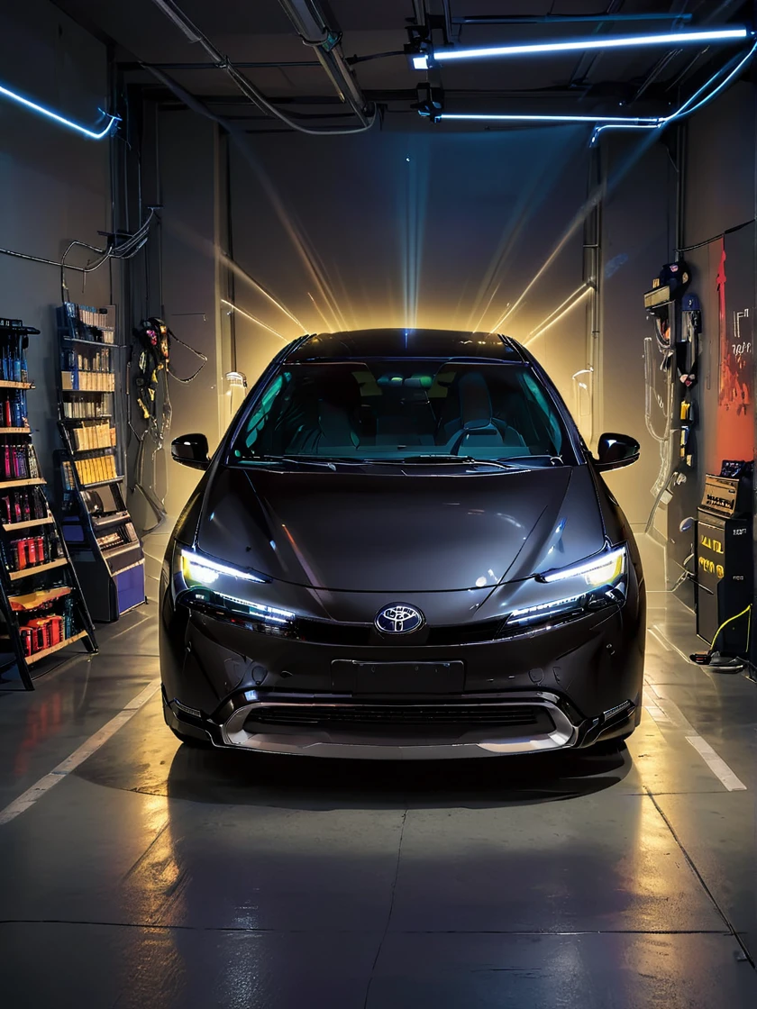 tprius, black car, A modified Toyota Prius with silver wheels, neon underglow, futuristic environment, light beams, headlight, in showroom,