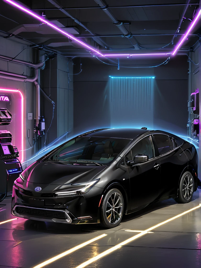 tprius, black car, A modified Toyota Prius with silver wheels, neon underglow, futuristic environment, light beams, headlight, in showroom,
