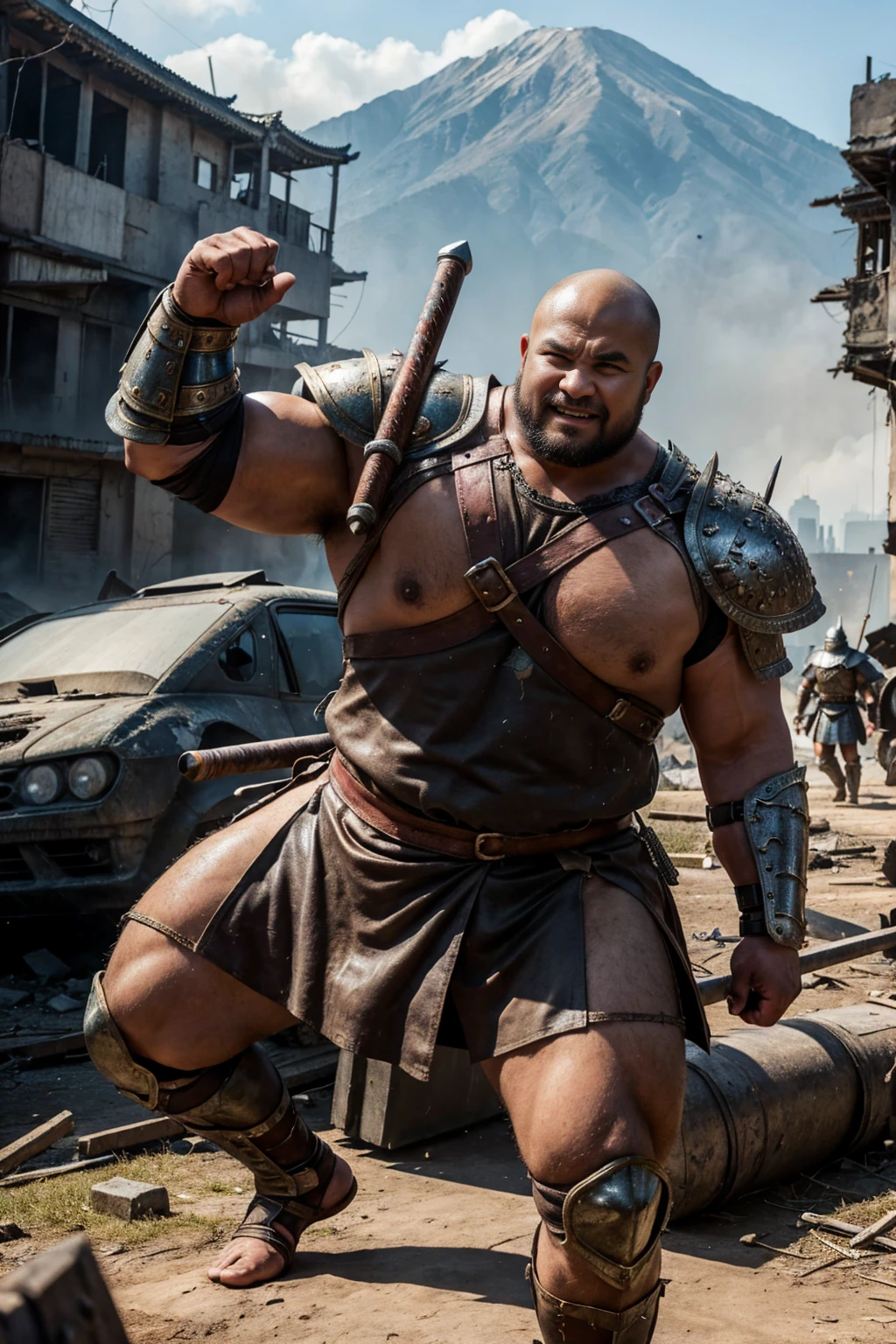 looking at us, Staring Intently, face focus, Bandit, Fat ferocious barbarian:2, This barbarian is a robust stocky Japanese, smirking, mid combat, intense battle scene, leather and iron armor, armored short skirt, holding a Viking War Axes, legs exposed from thighs to feet, fierce warriors, ancient battlefields, epic showdown, battleground background, masterpiece, volumetric lighting, Dramatic, Uighur the Warden, breathtaking action, A brutal scene, dynamic poses, bald, ((ultra sharp)), ((masterpiece)), ((best quality)), ((ultra detailed)), ((intricate details)), Inguinal region detailed, Dilapidated, breathtaking action, destroyed city after big air raids, fire, A desolate, post-apocalyptic cityscape, lets out a yell, extremely intricate details, ominous landscape,