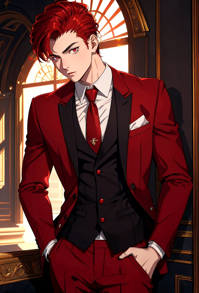 Portrait of a young European man,alone, Live in a large city,18 years old,Beautiful face,upper body,medium light red hair, Sharp focus,red business suit,red eyes,dark,shadow