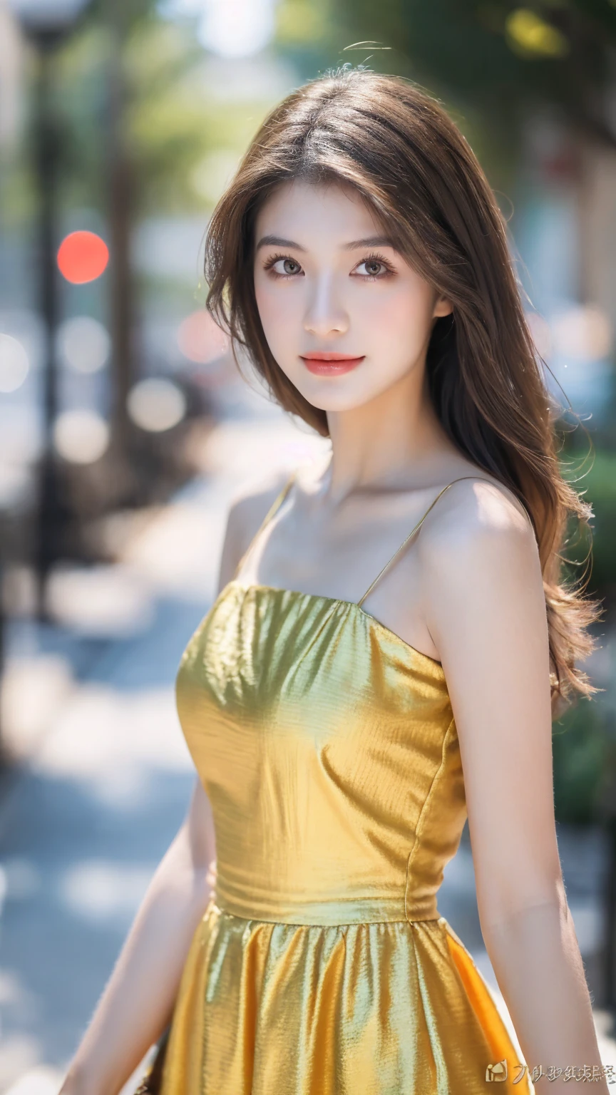 ((Best quality, 8K, masterpiece:1.3)),1girl,18 years old,Asian,Real texture:1.3,(Background blur:1.1),Gorgeous long dress,Tall and slender figure:1.2,(Hot summer weather),(street:1.3),Highly detailed face and skin textures,Exquisite eyes,Long eyelashes,Double eyelids,Skin Whitening,happy