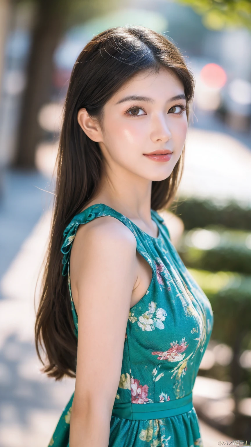 ((Best quality, 8K, masterpiece:1.3)),1girl,18 years old,Asian,Real texture:1.3,(Background blur:1.1),Gorgeous long dress,Tall and slender figure:1.2,(Hot summer weather),(street:1.3),Highly detailed face and skin textures,Exquisite eyes,Long eyelashes,Double eyelids,Skin Whitening,happy