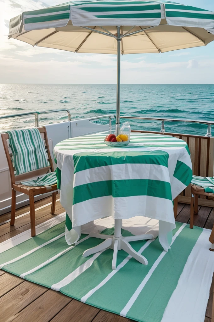table floanting on the sea with a a striped green and white towel and a a striped green and white sun umbrella on it