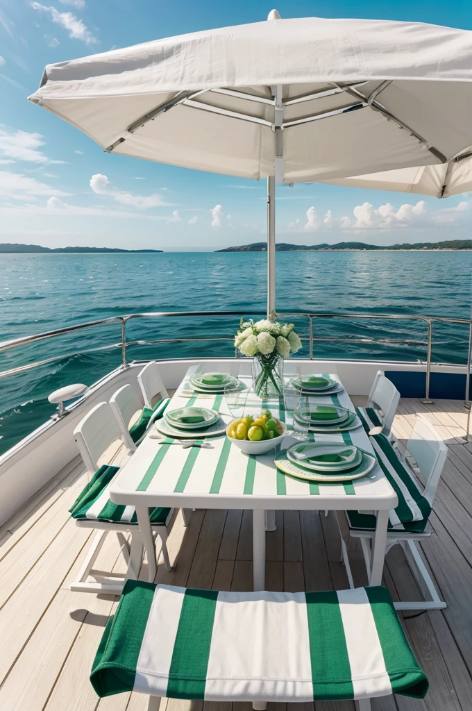 table floanting on the sea with a a striped green and white towel and a a striped green and white sun umbrella on it