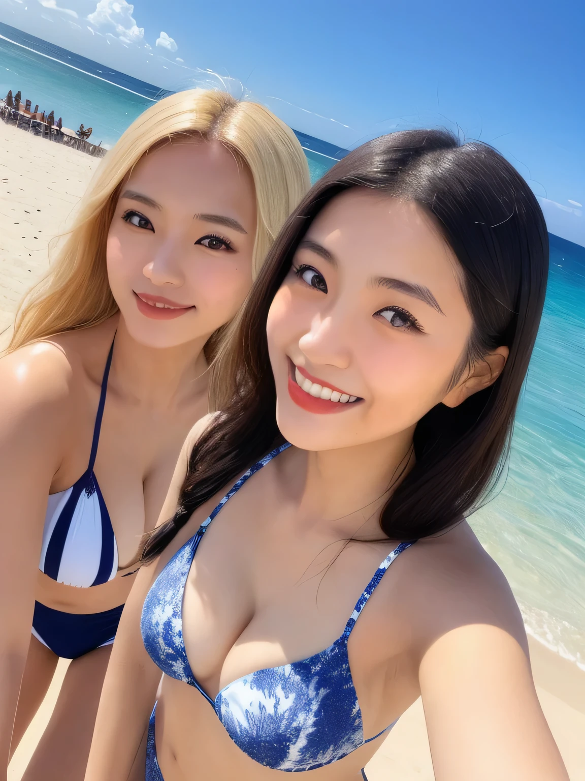 Realistic, (((3 beautiful Japanese gals:1.5))), Selfie, Face Enhancement、Red lips、Bikini in random and colorful colors and patterns、 Big Breasts、Face Zoom, Big smile, Long Blonde Hair, Wavy Hair, Dark Skin, Beach, bikini, Looking up from below