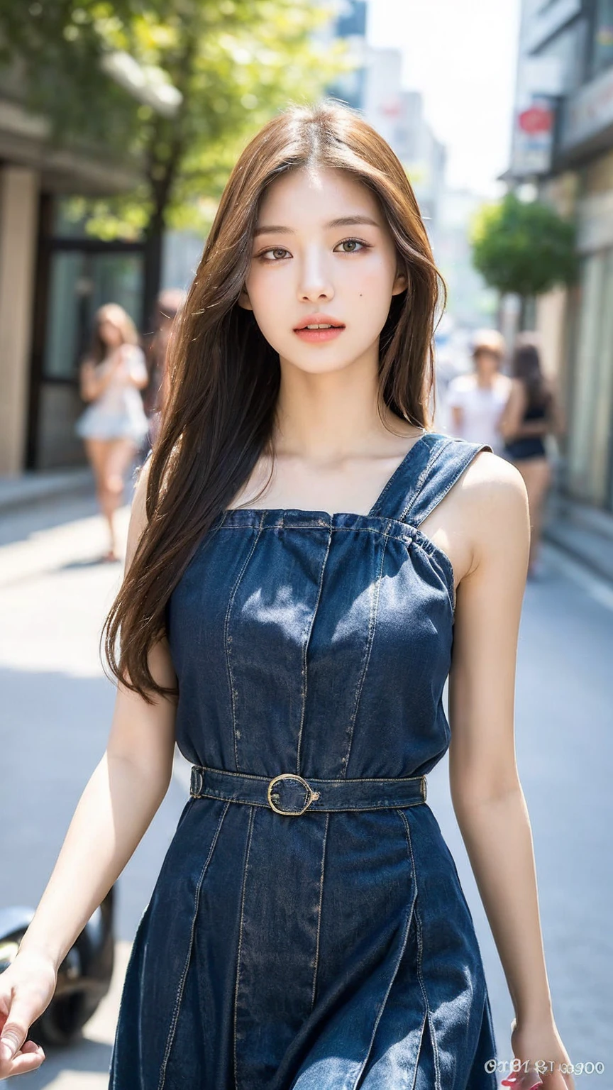((Best quality, 8K, masterpiece:1.3)),1girl,18 years old,Asian,Real texture:1.3,(Background blur:1.3),Gorgeous long dress,Tall and slender figure:1.2,(Hot summer weather),(street:1.3),Highly detailed face and skin textures,Exquisite eyes,Long eyelashes,Double eyelids,Skin Whitening,happy