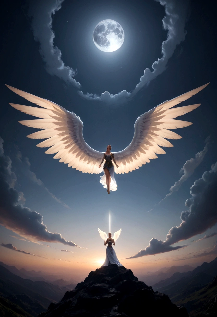 a model shot (taken from the back: 1.5), 16K, ultra detailed, masterpiece, best quality, (extremely detailed), arafed, dnd art, portrait, full body, aasimar, female, (Masterpiece 1.3, intense details), female, paladin, holy warrior, spread large feathered wings, (wings sprouting from the back: 1.3), majestic wings, white angelic wings spread (Masterpiece, intense details: 1.5), moon light, moon, stars, clouds, holy symbol, armed with sword, short blond hair, dark fantasy cemetery background, anatomically correct (Masterpiece 1.3, intense details), angel_wings, determined face, god rays, cinematic lighting, glowing light, silhouette, from outside, photorealism, panoramic view (Masterpiece 1.3, intense details) , Wide-Angle, Ultra-Wide Angle, 16k, highres, best quality, high details, armored dress
