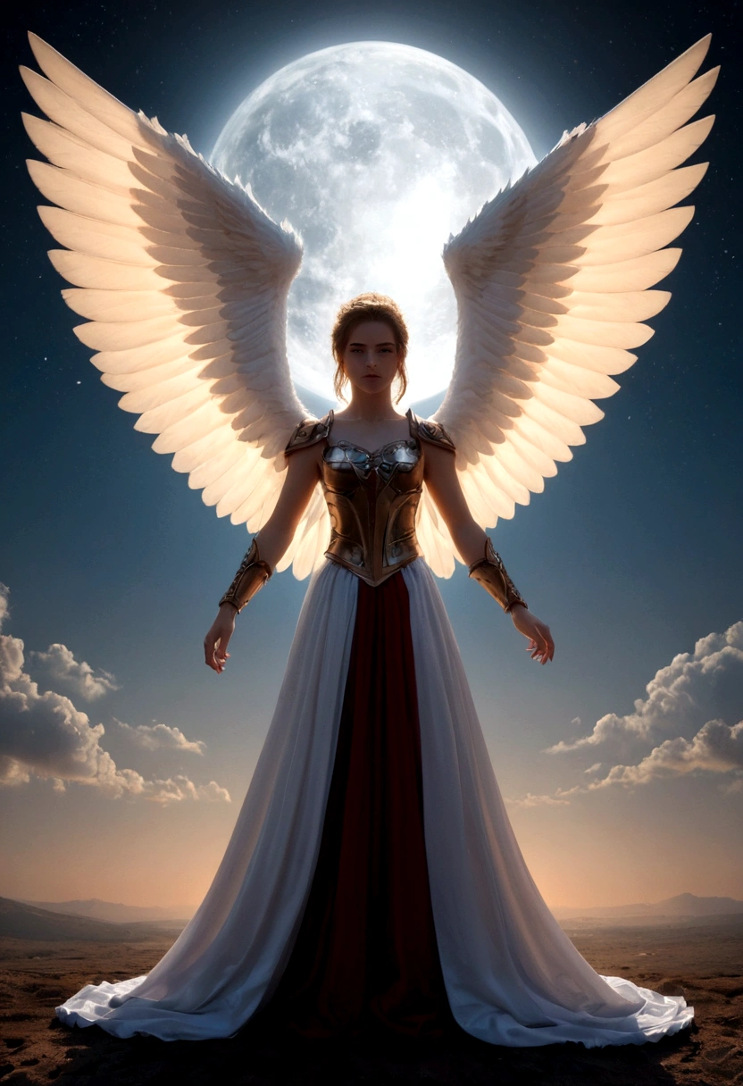 a model shot (taken from the back: 1.5), 16K, ultra detailed, masterpiece, best quality, (extremely detailed), arafed, dnd art, portrait, full body, aasimar, female, (Masterpiece 1.3, intense details), female, paladin, holy warrior, spread large feathered wings, (wings sprouting from the back: 1.3), majestic wings, white angelic wings spread (Masterpiece, intense details: 1.5), moon light, moon, stars, clouds, holy symbol, armed with sword, short blond hair, dark fantasy cemetery background, anatomically correct (Masterpiece 1.3, intense details), angel_wings, determined face, god rays, cinematic lighting, glowing light, silhouette, from outside, photorealism, panoramic view (Masterpiece 1.3, intense details) , Wide-Angle, Ultra-Wide Angle, 16k, highres, best quality, high details, armored dress