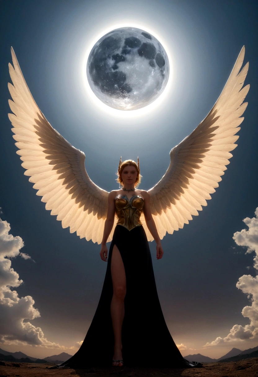 a model shot (taken from the back: 1.5), 16K, ultra detailed, masterpiece, best quality, (extremely detailed), arafed, dnd art, portrait, full body, aasimar, female, (Masterpiece 1.3, intense details), female, paladin, holy warrior, spread large feathered wings, (wings sprouting from the back: 1.3), majestic wings, white angelic wings spread (Masterpiece, intense details: 1.5), moon light, moon, stars, clouds, holy symbol, armed with sword, short blond hair, dark fantasy cemetery background, anatomically correct (Masterpiece 1.3, intense details), angel_wings, determined face, god rays, cinematic lighting, glowing light, silhouette, from outside, photorealism, panoramic view (Masterpiece 1.3, intense details) , Wide-Angle, Ultra-Wide Angle, 16k, highres, best quality, high details, armored dress