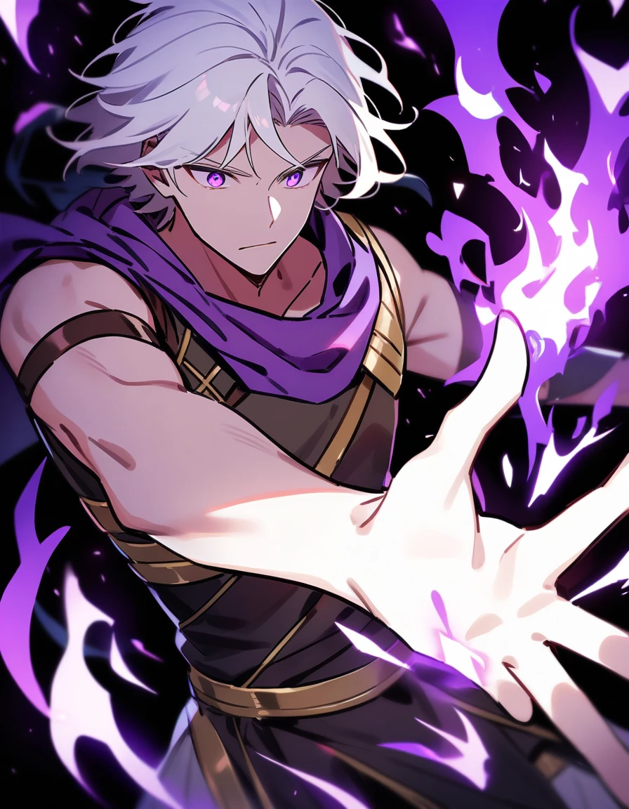 young Greek warrior with long white hair, violet eyes, with one of his
arms catching purple fire