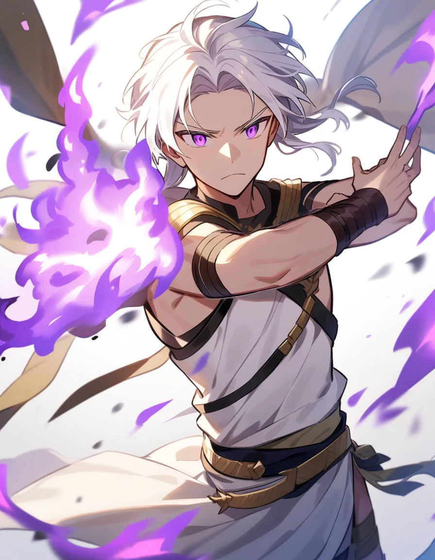 young Greek warrior with long white hair, violet eyes, with one of his
arms catching purple fire