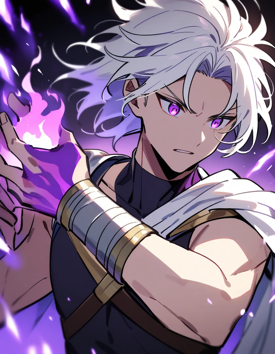 young Greek warrior with long white hair, violet eyes, with one of his
arms catching purple fire