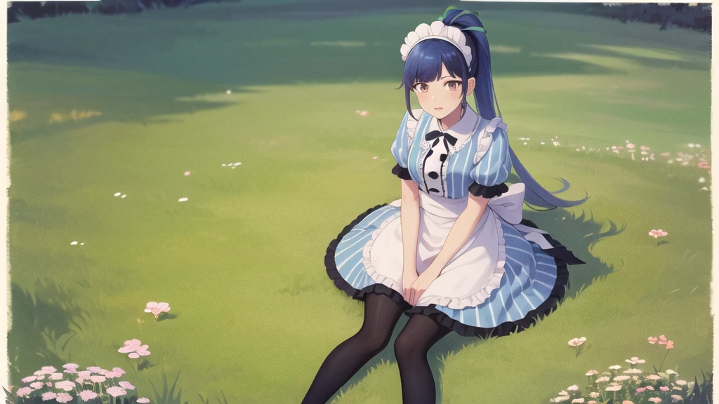 masterpiece, best quality, highres, 1girl, solo, long hair, blue hair, ponytail, hair ribbon, maid headdress, brown eyes, neck ribbon, frills, vertical stripes, blue dress, short sleeves, apron, black pantyhose, wariza, grass, field,