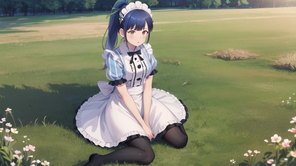 masterpiece, best quality, highres, 1girl, solo, long hair, blue hair, ponytail, hair ribbon, maid headdress, brown eyes, neck ribbon, frills, vertical stripes, blue dress, short sleeves, apron, black pantyhose, wariza, grass, field,