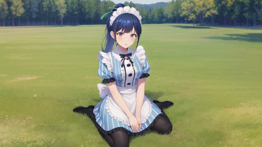 masterpiece, best quality, highres, 1girl, solo, long hair, blue hair, ponytail, hair ribbon, maid headdress, brown eyes, neck ribbon, frills, vertical stripes, blue dress, short sleeves, apron, black pantyhose, wariza, grass, field,