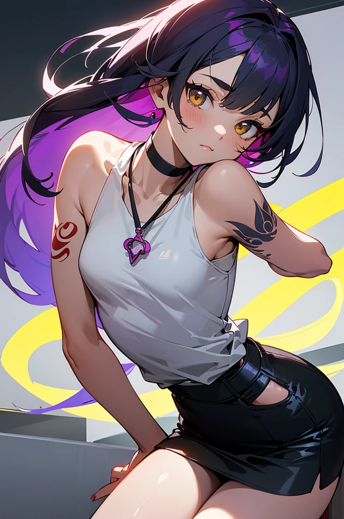 This image is、A very attractive and detailed portrait of a woman.。Below is the detailed prompt for the image。
--- In the center of this image、A young woman is depicted。Her appearance is very impressive、What really catches your eye are her bright yellow eyes.。The eyes emit a strong light、It gives her a mysterious and sharp look.。The contours of her face are soft、Skin is smooth and has a healthy glow。
Her hair is black、Place々Has purple highlights。Long hair、It flows naturally like waves.。Some of her hair hangs down the side of her face.、Overall無造作なスタイルが強調されています。Her attire is casual and、She is wearing a purple tank top and a mini skirt.。This outfit reflects her stylish and contemporary taste.。
She has a tattoo on her arm、There is a large design on the left arm.。The tattoo is carefully drawn in detail.、Emphasizes her personality。Also、There is a small tattoo on his right arm.。She has a black choker around her neck.、The pendant hangs。This accessory adds an edgy element to her overall look.。
She is sitting with her head slightly tilted forward.、The gaze is fixed straight ahead。Although his facial expression is calm,、Gives a confident impression。The background around her is simple.、Designed so that the focus is entirely on her。The background is a light grey color.、It brings out her vibrant colors。
Overall、This image is非常にディテールに富んでおり、Character personality and style are emphasized。Her unique fashion sense and tattoos、It brings out her strong personality and modern appeal.。It is a work that perfectly combines modern and artistic elements that users love.。