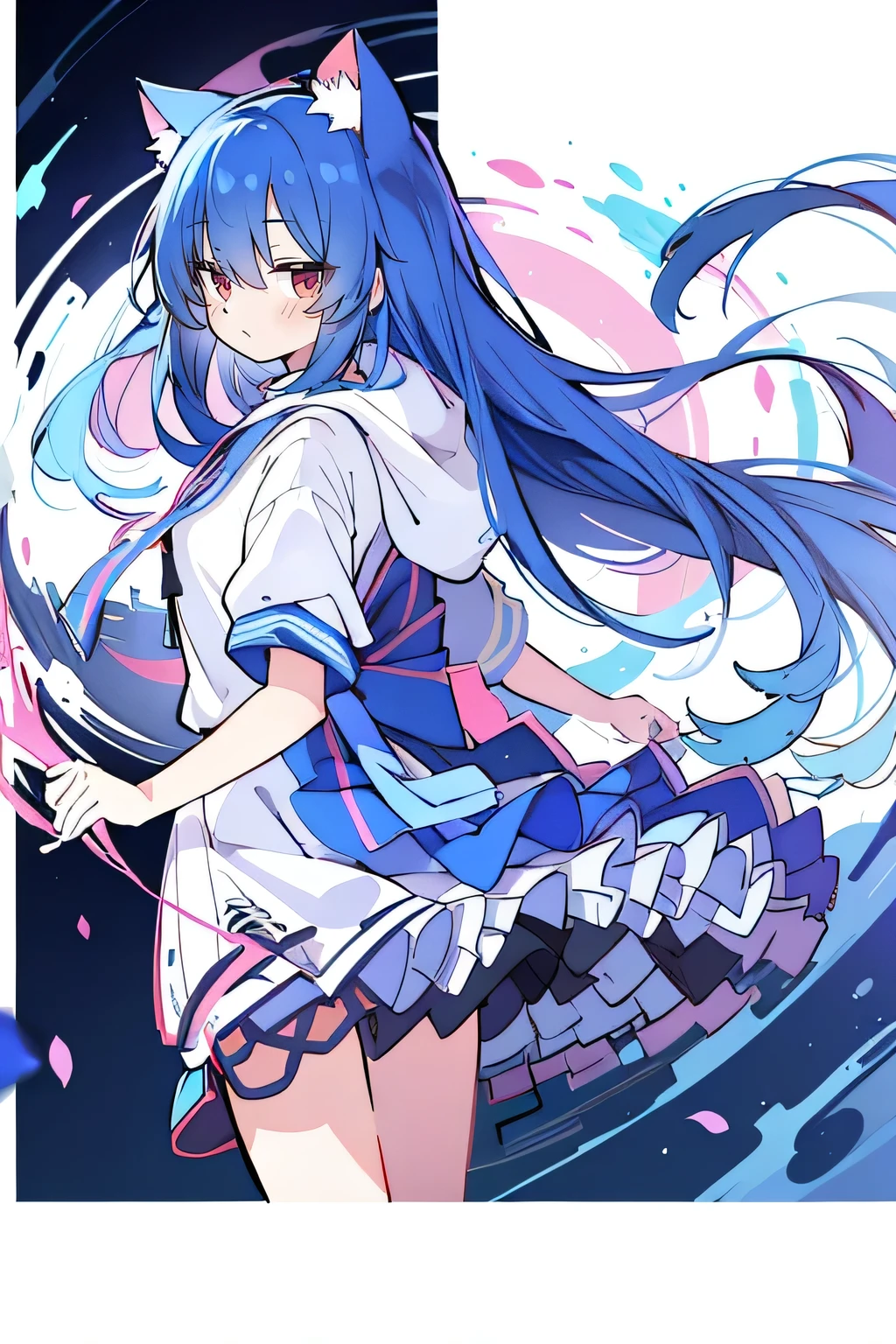 (masterpiece:1.2),Super detailed,lifelike,Expressive eyes,fair skin,perfect face shape,1 girl,
Japanese comics,Gorgeous blue hair,flowing blue hair,flowing clothes,Cat ears,Petals fall,beautiful lola,Baby Angel,
Shaking head with one hand,Cross your legs,Gentle and peaceful background,The pavilion is cool and comfortable,smile, wearing hoodie, background of tokyo,back views.