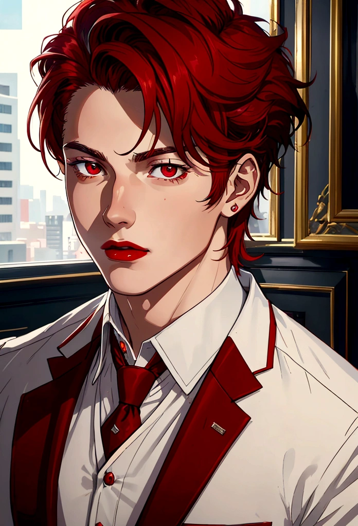 Portrait of a young European man,alone, Live in a large city,18 years old,Beautiful face,upper body,medium light red hair, Sharp focus,red business suit, red eyes,light red lips,dark,shadow,middle hairstyle