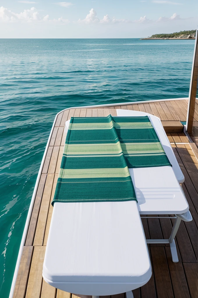 just a table floating on the sea with a striped wuhite and green towel