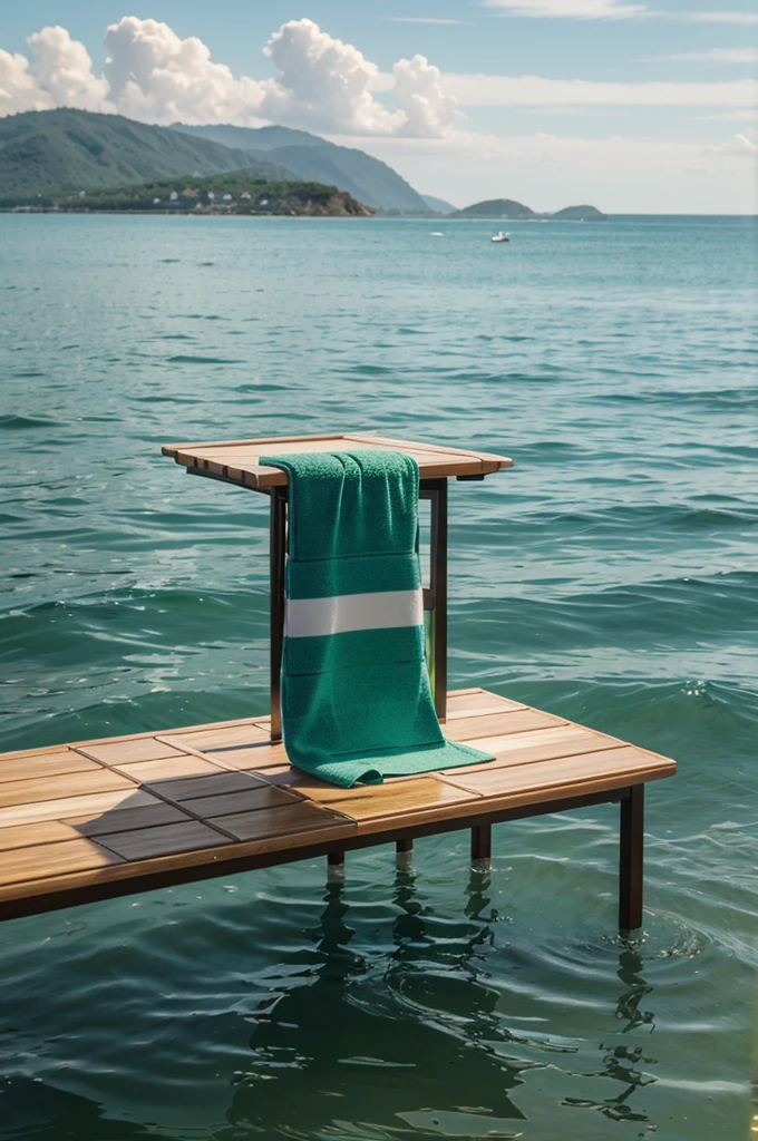 just a table floating on the sea with a striped wuhite and green towel
