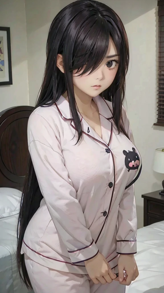 1girl,perfect ,black hair, long hair, (hair over one eye:1.4), messy hair, hair between eyes, plump, chubby,fat, saggy breast, cute motif pajama, cute shy blush on , bedroom 