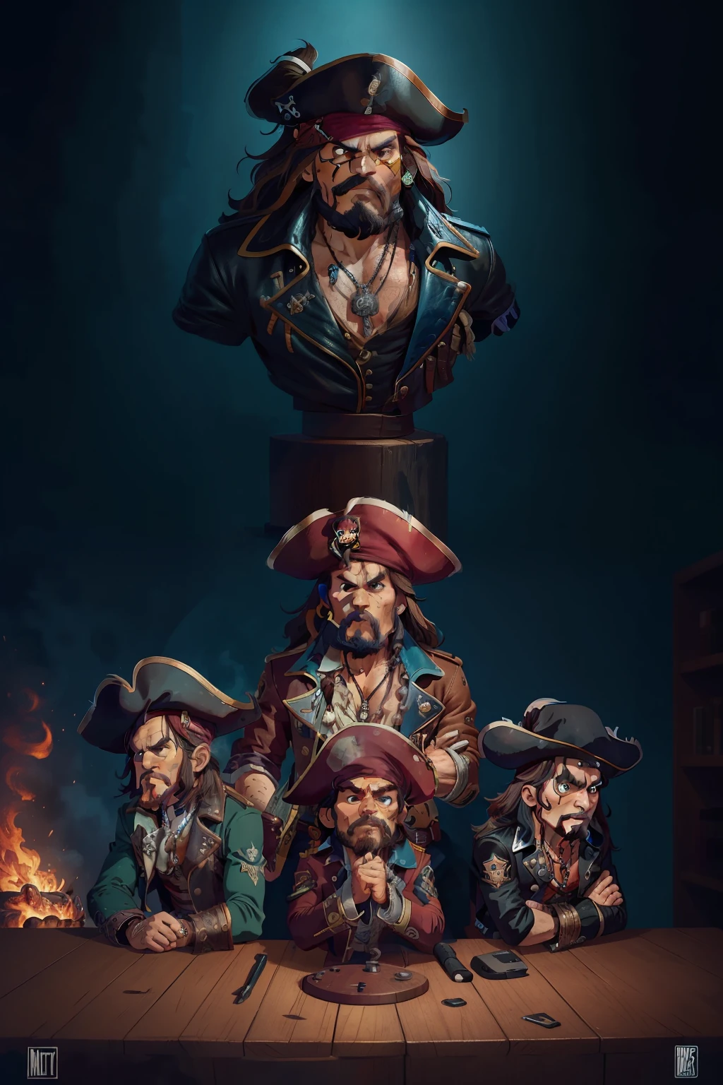 A highly detailed and hyper-realistic blend of digital and hand-drawn art, set in a vibrant 8K Ultra HD image. The scene portrays an unlikely trio - Captain Jack Sparrow, the infamous pirate from the swashbuckling Pirates of the Caribbean series, dressed in his iconic leather jacket and slouchy hat; Venom, the grizzled anti-hero from the Marvel universe, embodying his signature menacing figure; and an Anime Guy Reporting Euro 2024 Football, energetic and expressive, donning a sleek and stylish Anime-inspired exterior.
The trio is situated at a bust
