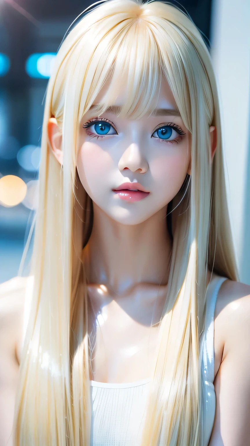 White shiny skin、Blonde hair color that changes with light、Long bangs obstruct the view、Glossy highlight on cheeks、The most beautiful face in the world、Super long gorgeous blonde hair、Smooth straight hair、Ample Bust、Large, sparkling, light blue eyes、Beautiful bangs、Beautiful cute girl 15 years old、Round face、Small Face Beauty、Cheek highlighter