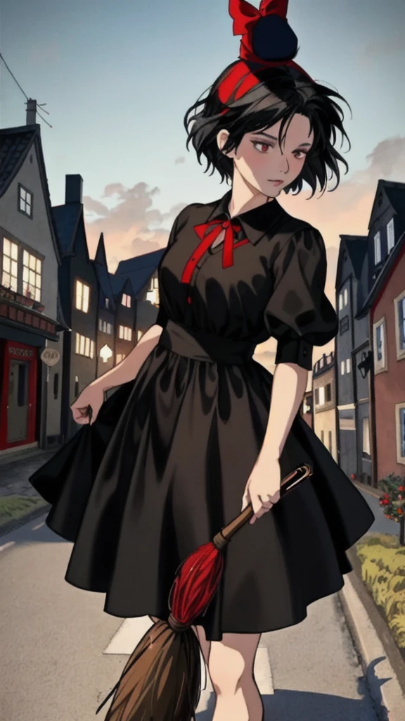 Ghibli-style animation. The Witch's Delivery Service. In the streets of Sweden. A girl. A black dress. Black hair. Short cut. A big red ribbon on her head. A broom in her hand. High quality. 4K quality