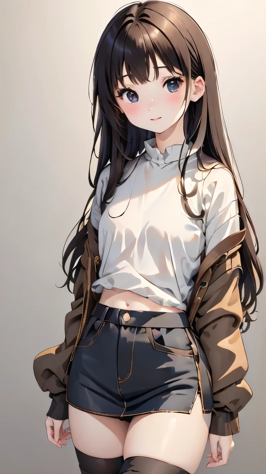 4K, masterpiece, 8k, high quality, 最high quality,10歳のcute少等生, Very white skin, Long brown hair,a bit,Low length,freckles,Thin eyebrows,Straight bangs,(Flat Chest) ,feminine, Tilt, elegant, elegant, cute, smile, cute, Hilarious, belly button, Denim Low Rise Mini Skirt, ((Black knee socks)), (Ugly clothes)、((Gray background))