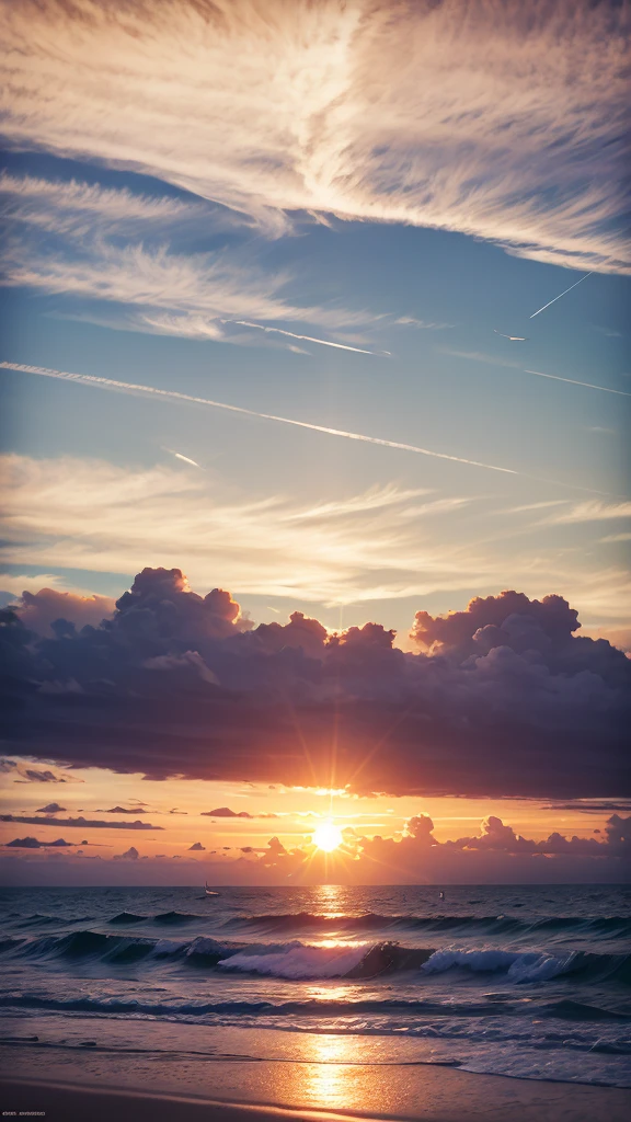 Beach at sunset, Photo real, Beautiful sky, Beautiful sea, high detail, high quality, masterpiece,